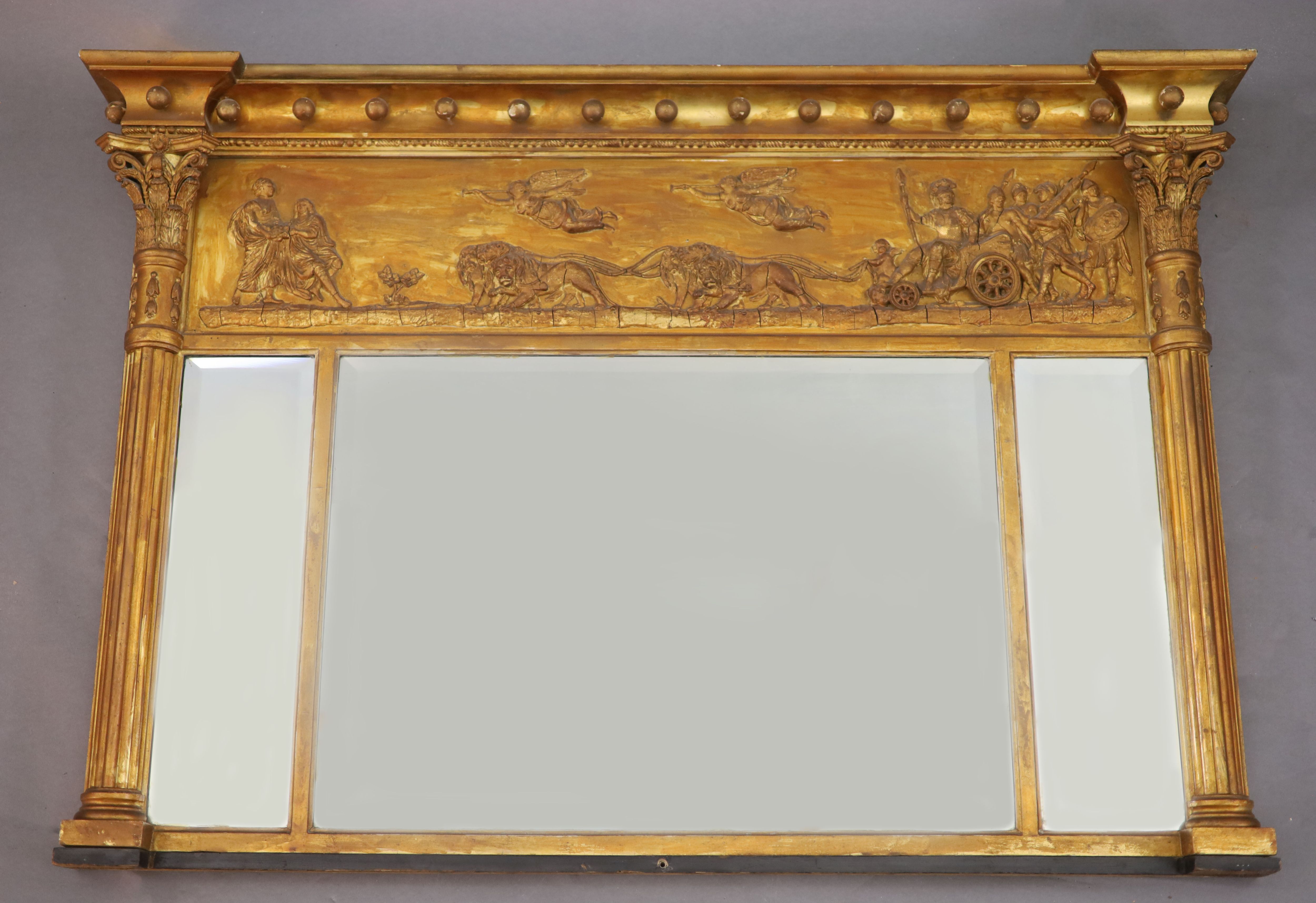 A Regency style giltwood and composite overmantel mirror, late 19th century, 4ft 2in. x 2ft 10in.